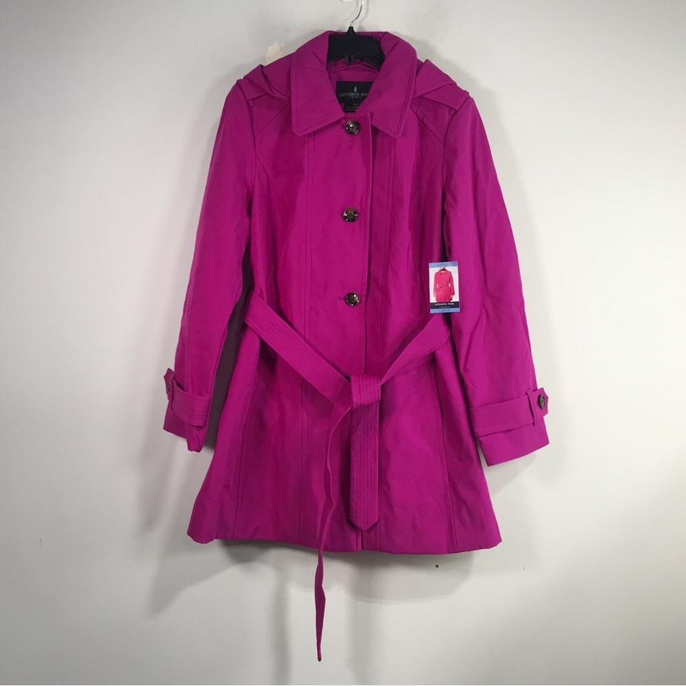 London Fog Button Down Tie Waist Jacket, Women's Size L - Fuchsia